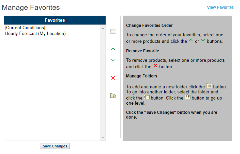 Manage Favorites window shows current favorites, which can be added, removed, and reordered. There are text instructions to the right, and a Save Changes button at the bottom of the window.