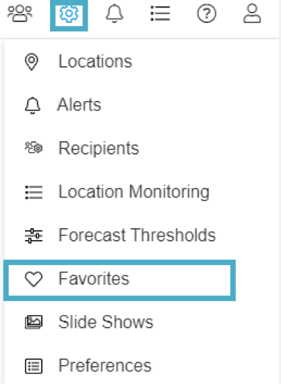 App main menu, under settings, currently shows options including: Locations, Alerts, Recipients, Location Monitoring, Forecast Thresholds, Favorites, and Slide Shows. Favorites is highlighted.