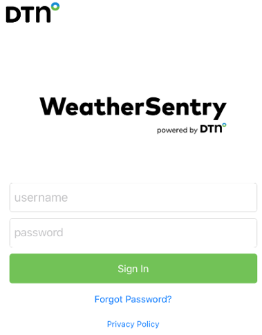 WeatherSentry login screen, showing username and password field, sign in button, forgot password link, and privacy policy link.
