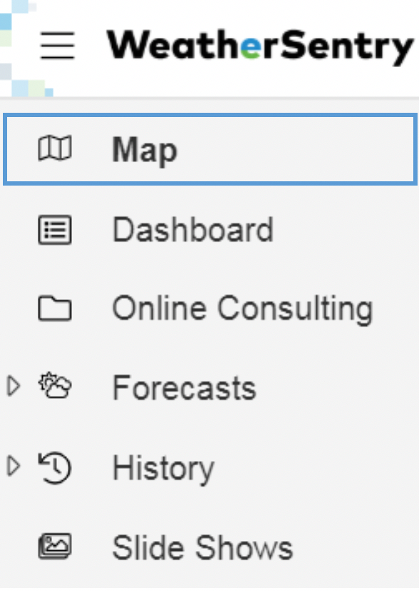 WeatherSentry menu, Map is highlighted.