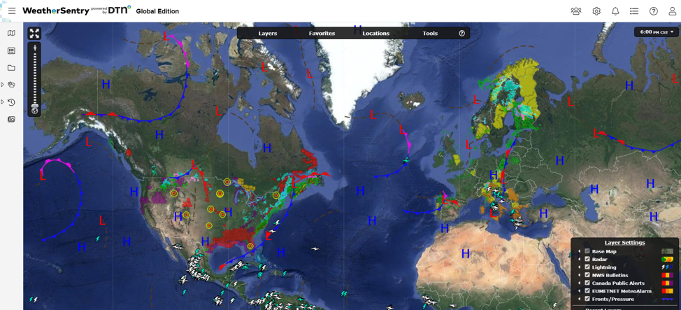 WeatherSentry map showing North America, Greenland, Europe, the northern part of Africa, and part of the Middle East into Asia.