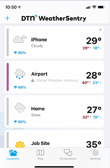 WeatherSentry user locations showing weather conditions for iPhone, Airport, Home, and Job Site.