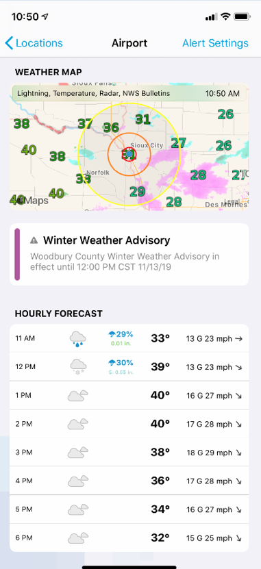 WeatherSentry app showing conditions for user location: Airport. A map with lightning range rings is at the top, followed by a Winter Weather Advisory popup. Hourly Forecast is listed at the bottom.