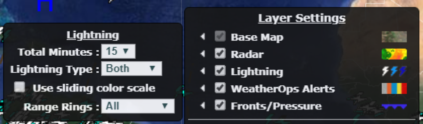 WeatherSentry Settings, including Lightning and Layer settings.