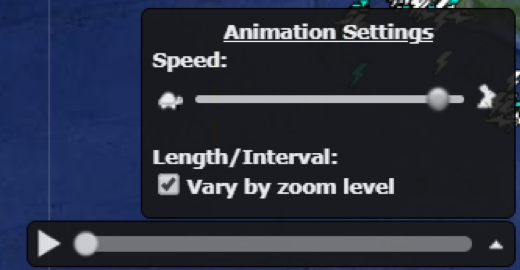 WeatherSentry Animation settings: speed, length and interval. Checkbox shows vary by zoom level.