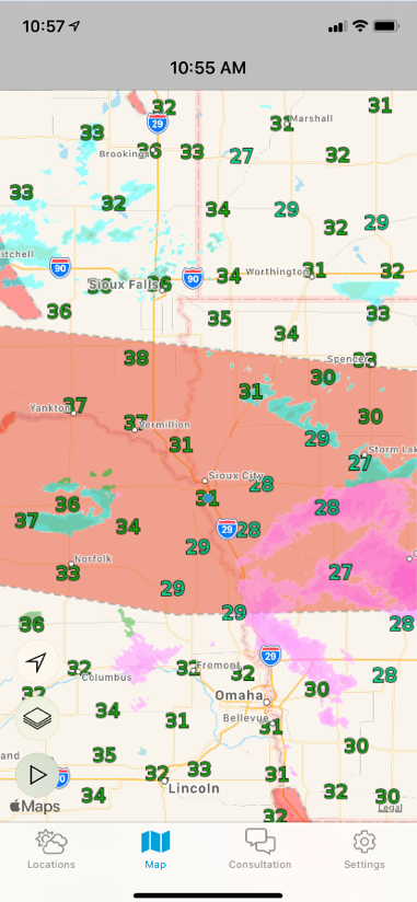 Weathersentry map showing current temperatures for surrounding weather stations/towns/other means of reporting weather conditions. Radar is overlaid as well as weather advisories.