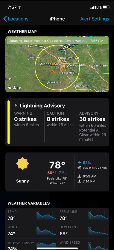 WeatherSentry in Dark Mode with weather conditions displayed for the user's location: iPhone.